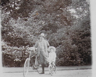 Real Photo, Edwardian Photograph,Young Boy, Father, Bicycles, Riding the growns, In The Garden, Social History,