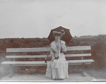 Real Photo, Edwardian Life, Everyday Life, Beautiful Lady, White Dress, Park Bench,  Lady with Parasol, Edwardian Fashion