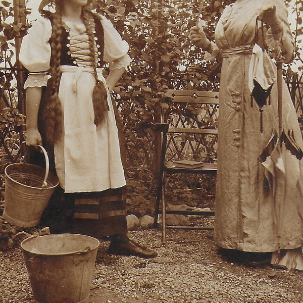 Vintage Photograph, Young Maid in the Garden with the Lady of the House, Pig Tails, Carrying Buckets,