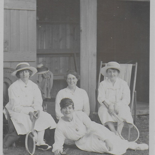 RPPC,  Vinatge Photograph,  Young ladies, White Tennis Dress, Tennis Racket, in The Garden