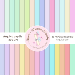 Pode incluir: Um pacote de papel digital com listras verticais em tons pastel de rosa, azul, verde e amarelo. A imagem contém texto em português. O papel mede 30 cm x 30 cm. Há também um logotipo circular.