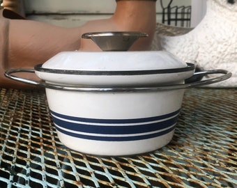 Cathrineholm White Blue Stripe Band Small Enamel Pot Pan with Lid RARE Vtg 60s 70s Vintage 1960s 1970s. Mid century modern. MCM.