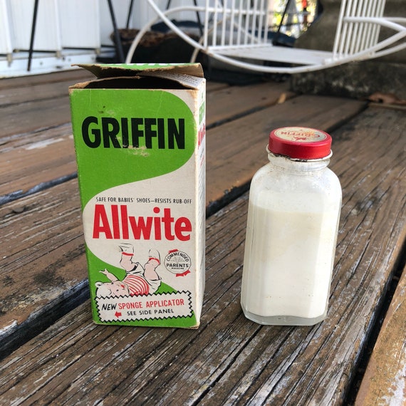 Vintage Griffin Allwite Original Box Near Full White Shoe Polish Bottle  Movie Film TV Television Show Prop Package Vtg Advertising 