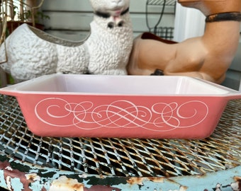 Pyrex Pink Scroll 575 Casserole Rectangle Glass Baking Dish Opal Glass Vtg 60s Vintage 1960s White Milk Glass Vtg Kitchen Mid Century Modern