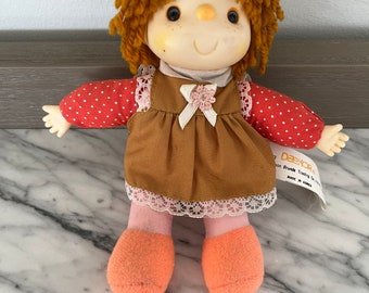 Vintage Ice Cream Doll Girl Large Redhead Red Yarn Hair Pink Dress Bonnet 80s Vtg 1980s. Plush doll with plastic face. Red nose.