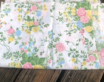 Vtg Lady Pepperell Pink Blue Floral Twin Fitted Sheet 60s 70s Green Yellow 66×96 Vintage Bedding Bed Linens 1960s 1970s