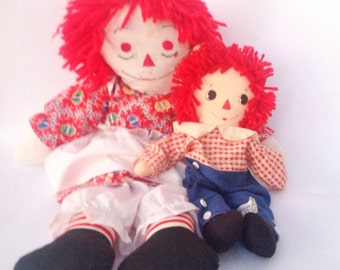 Vintage 24" Raggedy Ann girl doll 15" Raggedy Andy boy plush stuffed rag dolls