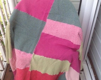 Handmade Pink Green Patchwork Wool Throw Patch Blanket Soft Felted Bedding Home Decor