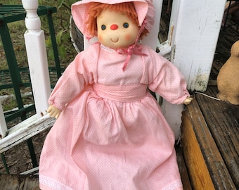 Vintage Ice Cream Doll Girl Large Redhead Red Yarn Hair Pink Dress Bonnet 80s Vtg 1980s. Plush doll with plastic face. Red nose.