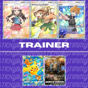 May include: Three Pokemon Trainer cards featuring Leaf, Budding Expeditioner, and Blue. The cards are holographic and have a rainbow foil effect. Below the cards are two Pokemon cards, Pikachu and Blastoise. The cards are all part of the Pokemon Trading Card Game.