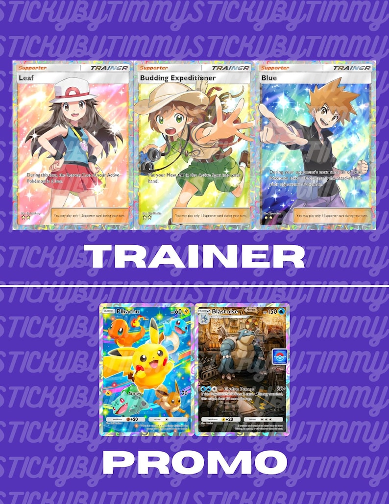 May include: Three Pokemon Trainer cards featuring Leaf, Budding Expeditioner, and Blue. The cards are holographic and have a rainbow foil effect. Below the cards are two Pokemon cards, Pikachu and Blastoise. The cards are all part of the Pokemon Trading Card Game.