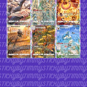 May include: Six Pokemon trading cards featuring different Pokemon characters. The cards are in a holographic style with a rainbow background. The cards feature the Pokemon Salandit, Serperior, Dedenne, Marshadow, Exeggutor, and Vaporeon.