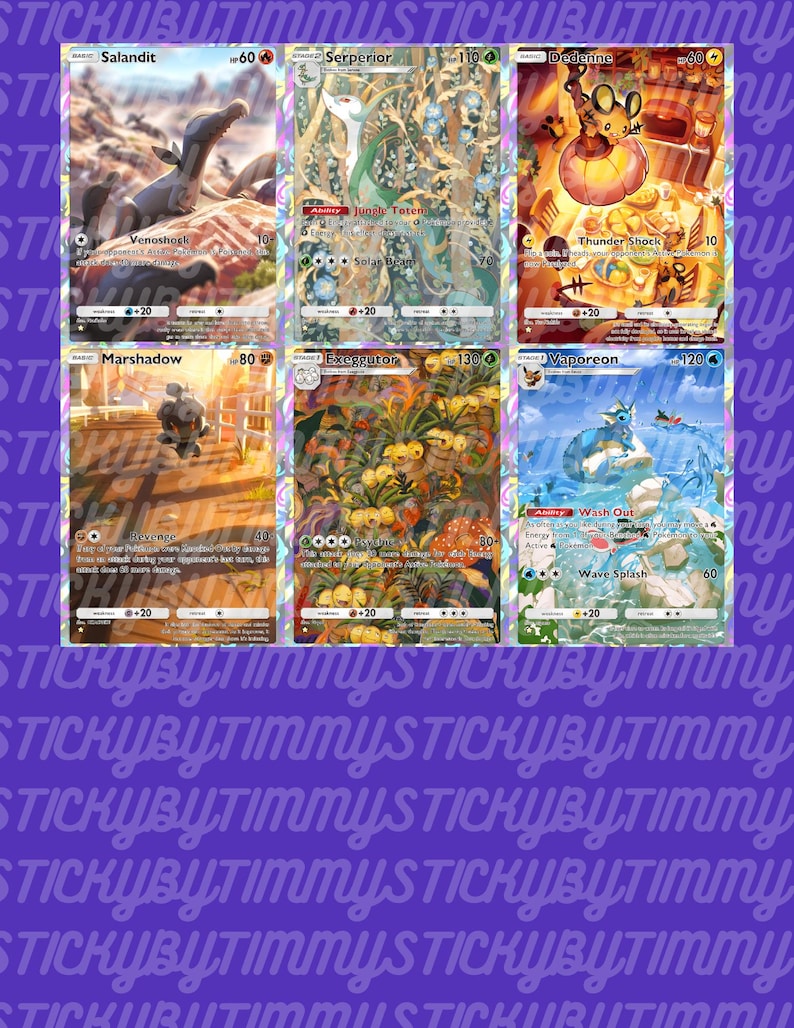 May include: Six Pokemon trading cards featuring different Pokemon characters. The cards are in a holographic style with a rainbow background. The cards feature the Pokemon Salandit, Serperior, Dedenne, Marshadow, Exeggutor, and Vaporeon.