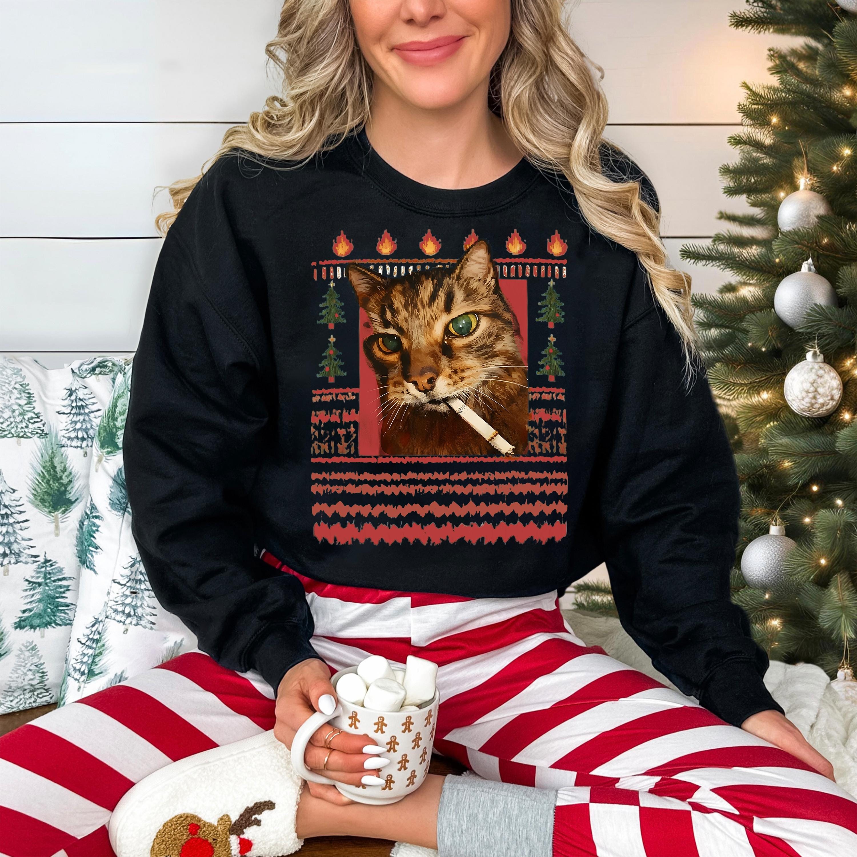 Funny Cat Christmas Sweater Funny Smoking Cat Meme Christmas Ugly Design  Fun Unisex Crewneck Sweatshirt Cat Christmas Sweater Men