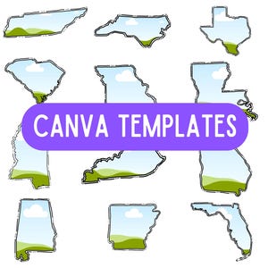May include: A set of 10 US state outline templates with a simple landscape design. Each state is outlined in black with a blue sky, white clouds, and green grass. The text "CANVA TEMPLATES" is displayed in a purple banner.