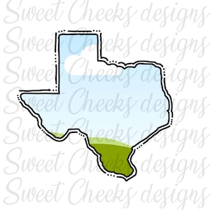May include: A black line drawing of the state of Texas with a blue sky and green grass inside. The outline of the state is dotted.