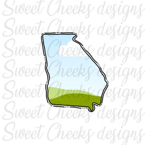 May include: A cartoon outline of the state of Georgia with a blue sky, white clouds, and green hills.