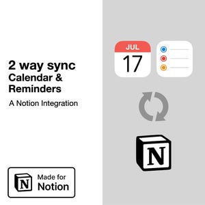 May include: A white and black graphic with the text "2 way sync Calendar & Reminders" and "A Notion Integration". The graphic also includes a calendar icon with the date "JUL 17", a list icon with three coloured dots, a circular arrow icon, and a black and white icon of the letter "N" in a square.