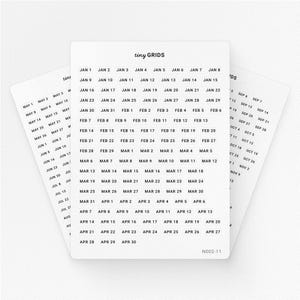 Puede incluir: Hojas de pegatinas blancas con fechas y el texto "tiny GRIDS". Las pegatinas incluyen fechas de enero a abril y de mayo a octubre. Las pegatinas son ideales para planificadores y calendarios.