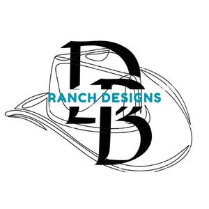 May include: Black and white line art design of a cowboy hat with the letters "RD" inside the hat. The text "RANCH DESIGNS" is written below the hat.