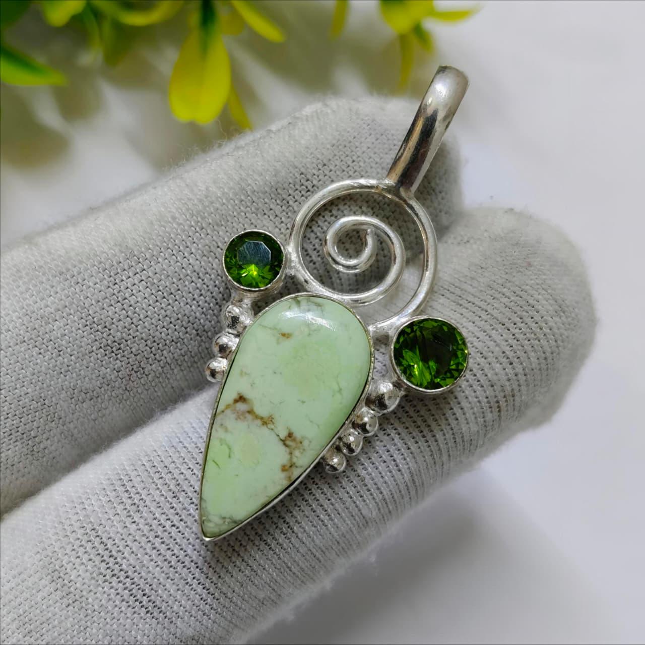 Pendentif Collier Argent 925 Avec Chrysoprase Et Péridot - Bijou Fait Main ROSEMIMOSA