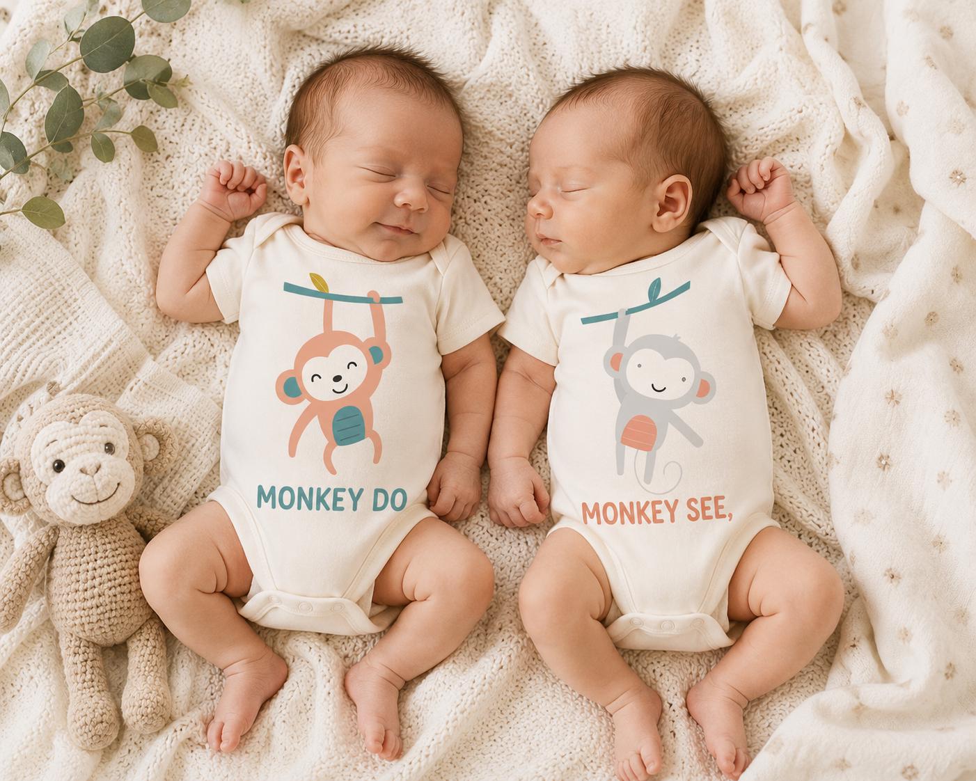 Twin Baby Onesies, Matching Monkey Bodysuit Set, Organic Cotton Twin Outfits, Baby Shower Gift