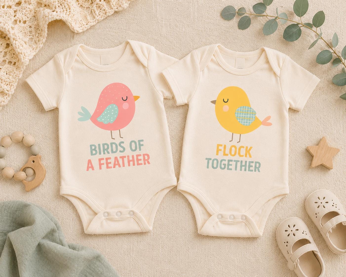 Birds of a Feather Twin Baby Onesies, Matching Sibling Outfits, Organic Cotton Baby Bodysuit Set