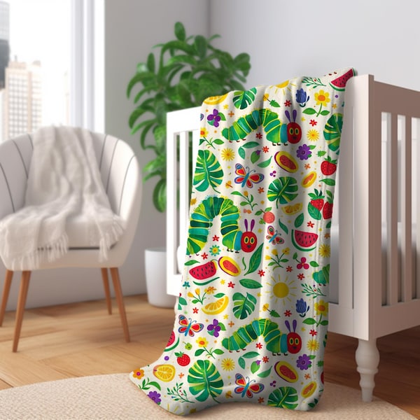 Hungry Caterpillar Baby Blanket, Whimsical Fruit Nursery Blanket