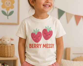Berry Messy Strawberry Toddler Shirt, Organic Cotton Kids Tee, Funny Fruit Graphic Shirt, Cute Summer Toddler Outfit, Unisex Kids Tee