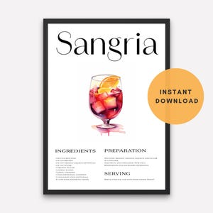 Sangria Poster, Sangria Recipe, Cocktail Print, Bar, Kitchen Art, Sangria Lover Gift. Cocktail Wall Art Gift. Digital.