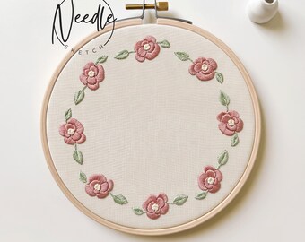 Patrón de bordado de corona floral en PDF / Plantilla de arte de aro con flores rosas / Diseño de bordado botánico a mano / Plantilla de bordado en PDF, hazlo tú mismo