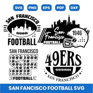 May include: Four black and white vector graphics designs featuring the San Francisco 49ers football team. The designs include the team name, the city name, and the year 1946. The designs are perfect for use on t-shirts, mugs, and other merchandise.
