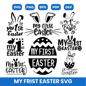 May include: A set of ten black and white SVG cut files featuring various designs for a first Easter celebration. The designs include a bunny rabbit, an egg, and the text "My 1st Easter".