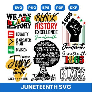 May include: A digital design featuring the text "Juneteenth" in various styles and colors, including red, yellow, green, and black. The design also includes the text "Black History Excellence" and "Celebrate Black" along with the year "1865".