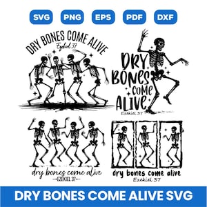 Peut inclure: Design SVG en noir et blanc avec des squelettes dansants et le texte "Dry Bones Come Alive" et "Ezekiel 37". Comprend des icônes de type de fichier pour SVG, PNG, EPS, PDF et DXF. Parfait pour les projets créatifs.