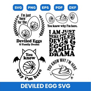Può includere: Illustrazioni digitali in bianco e nero con uova farcite e testo. I disegni includono metà uova, testo che dice "I'm just here for the Deviled Eggs & Family Drama" e "You know why I'm here."