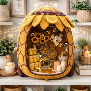 Peut inclure: Une maison d'abeilles en crochet jaune et marron, avec un toit en forme de tournesol. À l'intérieur, des pots de miel miniatures, des étagères en nid d'abeilles et des abeilles décoratives sont exposés. Un objet décoratif fantaisiste.