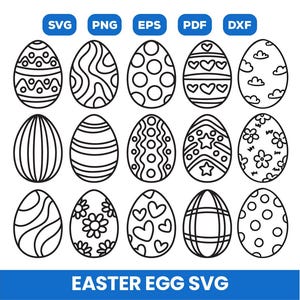 May include: A set of 16 black and white Easter egg SVG designs. The eggs are decorated with various patterns, including polka dots, stripes, hearts, and flowers.