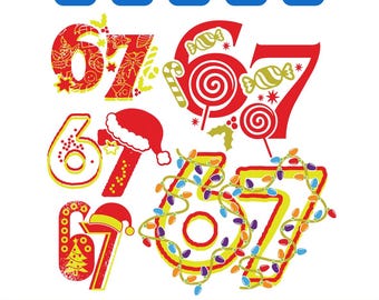 Könnte beinhalten: Eine digitale Grafik mit den Zahlen sechs und sieben in verschiedenen weihnachtlichen Designs. Die Zahlen sind mit Feiertagselementen wie Zuckerstangen, Weihnachtsmützen und Lichterketten verziert. Der Text "SIX SEVEN CHRISTMAS SVG" befindet sich unten.
