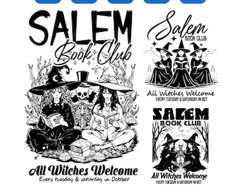 魔女の読書クラブ SVG、不気味な読書少女 PNG、読書好きのハロウィンデザイン、魔女のセーラム PNG、面白い本好き SVG、昇華転写、クリカット、PNG