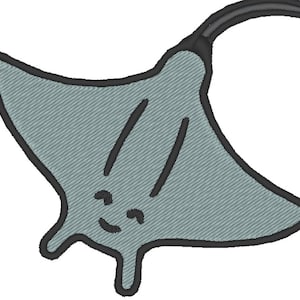 Peut inclure: Une raie manta de dessin animé grise avec une queue noire et un visage souriant.