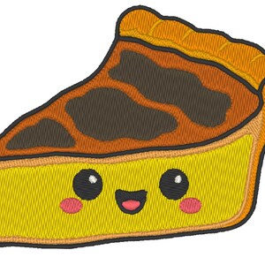 Peut inclure: Écusson brodé d'une part de tarte souriante. La tarte a une garniture jaune, une garniture marron et une croûte brun doré. La part de tarte a des yeux noirs, des joues roses et une bouche rouge souriante.