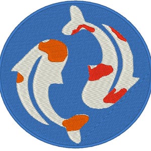 May include: Two white koi fish with orange and red markings swim in opposite directions against a blue circular background.