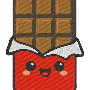 May include: An embroidered design of a chocolate bar with a smiling face. The chocolate bar is brown with a dark brown border, and the wrapper is red with white and black accents. The design has a cute, cartoonish style.
