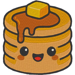 May include: Embroidered patch of a stack of pancakes with syrup and a pat of butter. The pancakes have a smiling face with black eyes, a red mouth, and rosy cheeks. The design features shades of brown, yellow, and black.