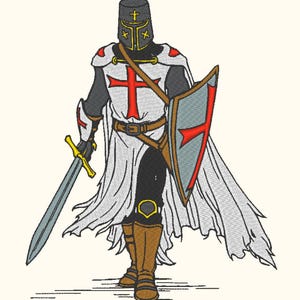 May include: An embroidered image of a medieval knight in full armor, holding a sword and shield. The knight is depicted in white, black, and brown, with a red cross on the shield and chest. The knight is wearing a helmet with a cross.