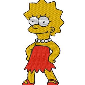May include: A yellow cartoon character wearing a red dress and a pearl necklace. The character has a yellow face with black eyes and a black mouth. The character is standing with her arms on her hips.