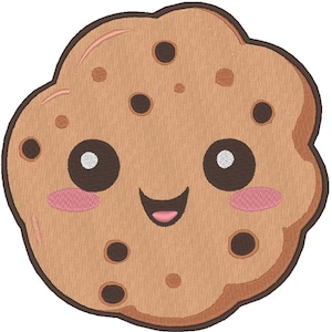 Peut inclure: Un biscuit aux pépites de chocolat de style cartoon avec un contour marron. Le biscuit a une base brun clair avec des pépites de chocolat brun foncé et des joues roses. Les yeux sont grands et brun foncé, et la bouche est un sourire incurvé avec une langue rose.