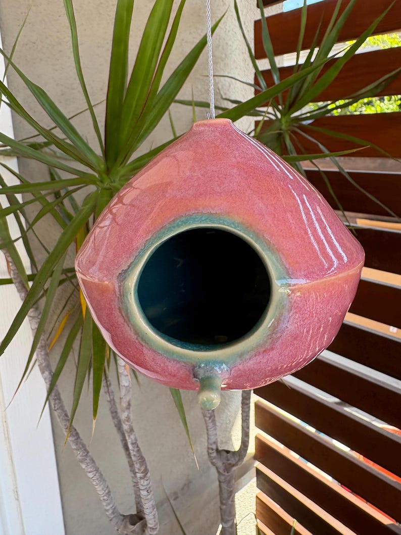 May include: A teardrop-shaped ceramic birdhouse with a glossy pink glaze and a teal-colored interior. The birdhouse features a circular entrance hole, a small protruding perch below the opening, and a metal wire for hanging from the top.