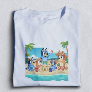 Bluey Beach Family Shirt, Cute Cartoon Dog Tee, Summer Tee for Kids, Bluey and Bingo Shirt At Beach, Bluey and Bingo Shirt for Kids or Fans